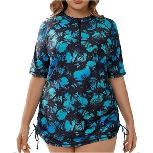 Halcurt Rash Guard Women's 2X Plus Size Half Zip Short Sleeve Swim Top UPF NEW